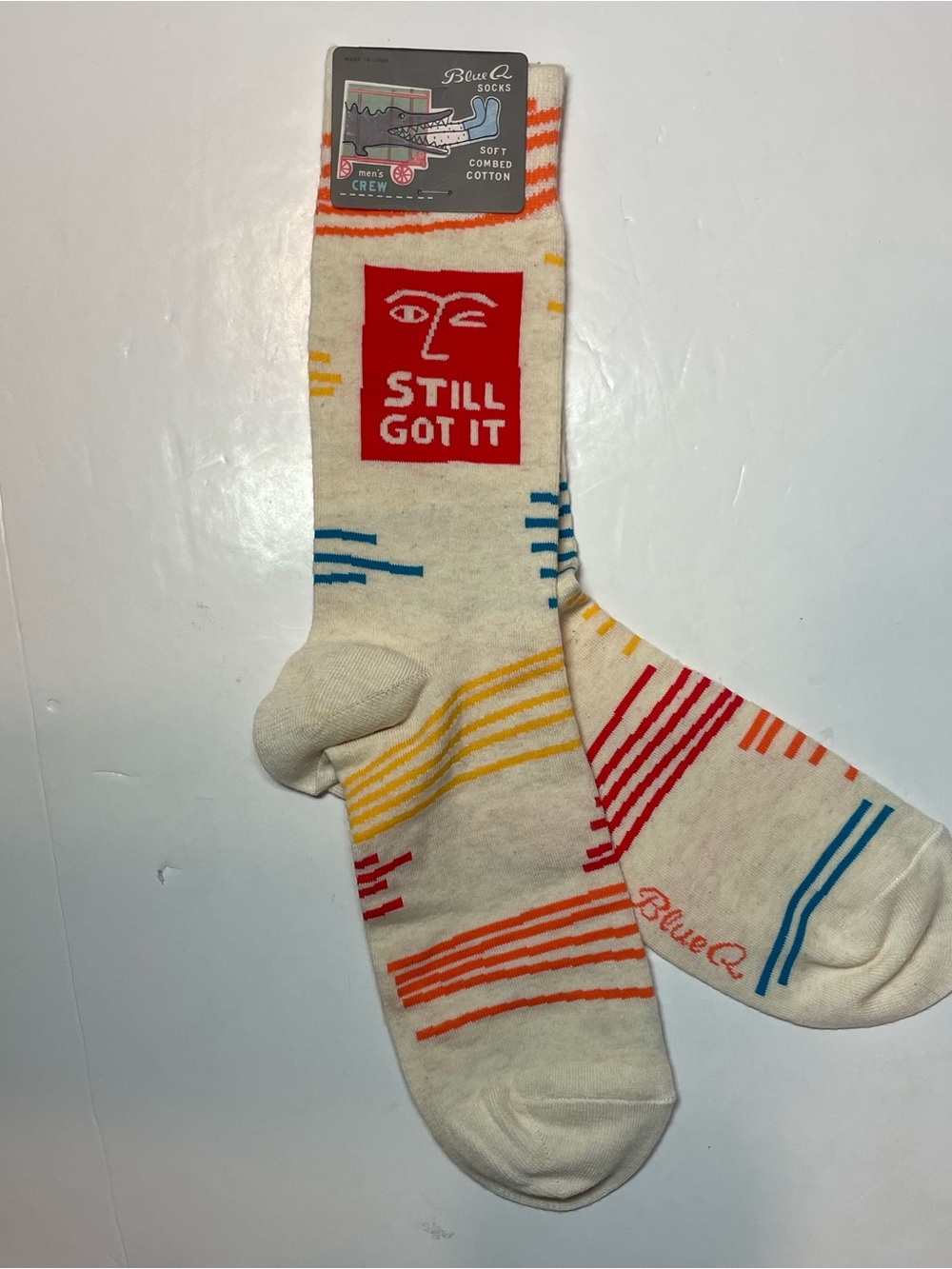 NWT Blue Q Mens Crew Socks Still Got It Novelty Striped SW882 Size 7-12
